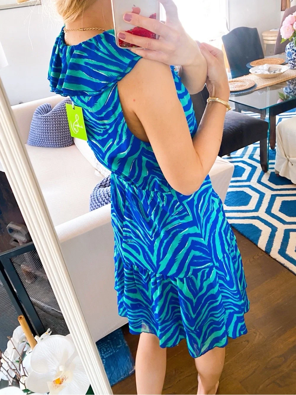 SAM EDELMAN Breezy Zebra Sleeveless Rouched Front Mini Dress in Blue & Mint! 🏝️